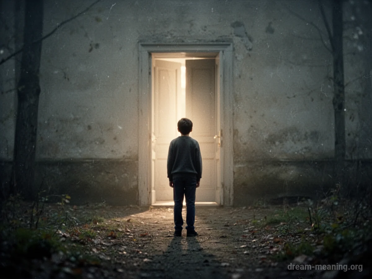 A person stands looking towards a distant, glowing doorway.