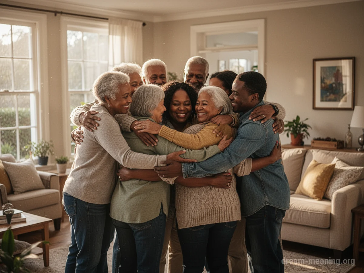 Several people hugging each other in a living room.