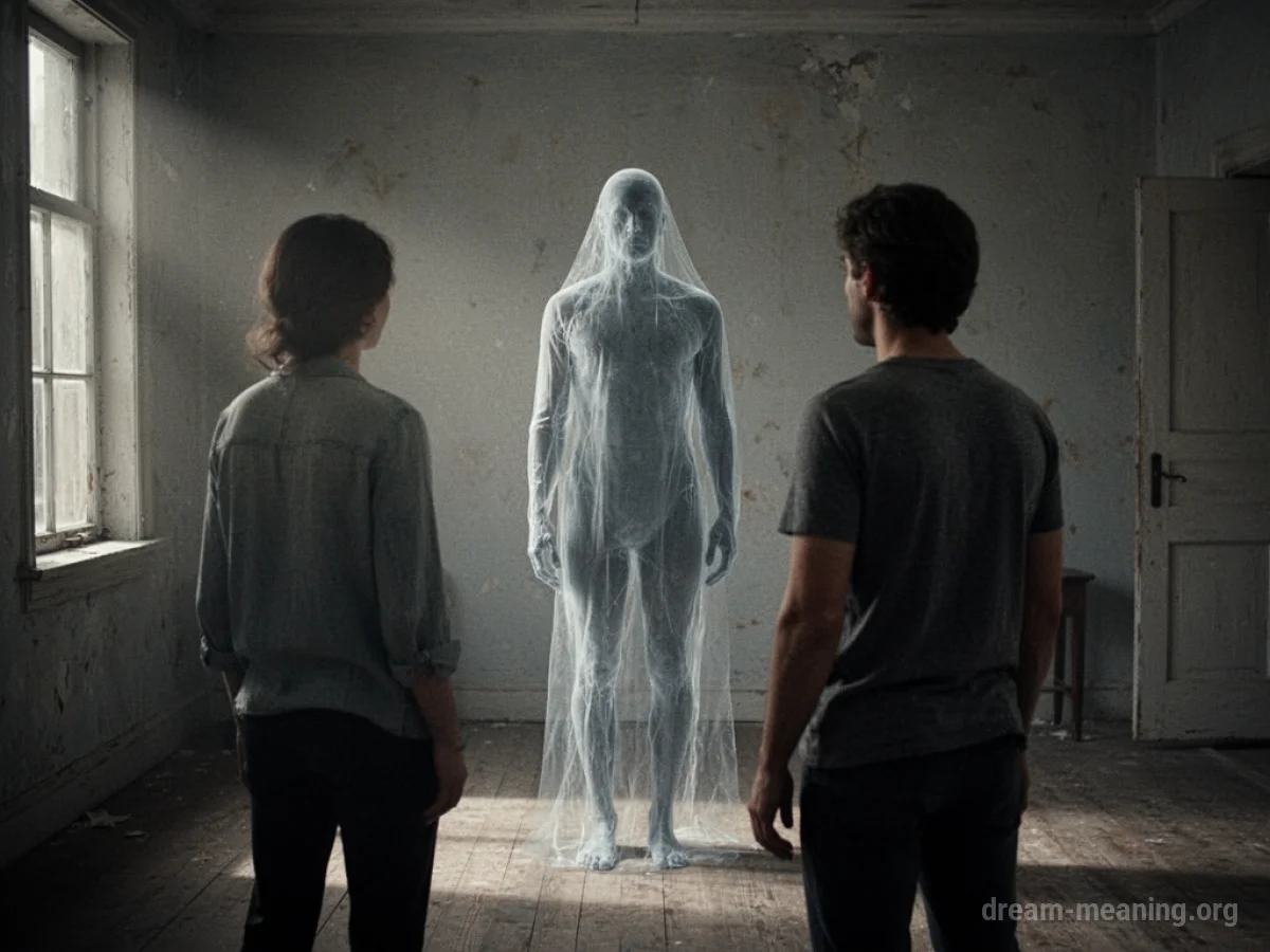 A person looking at a translucent figure in a dark room.