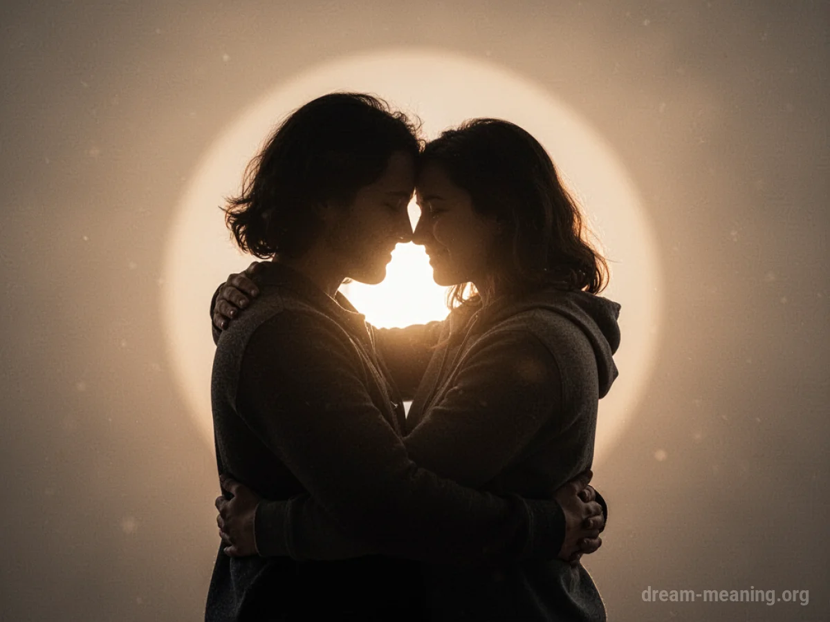 Two figures embracing in front of a soft light.