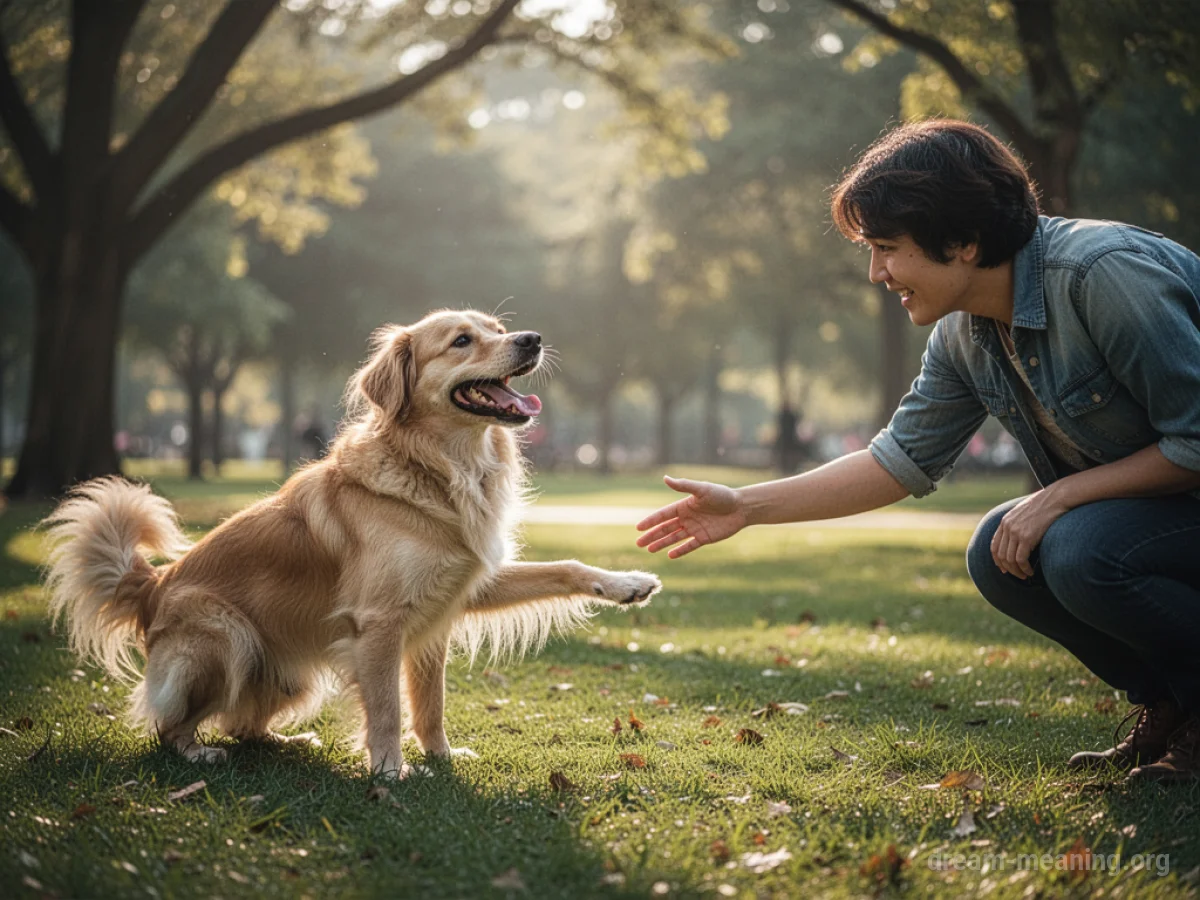 A person and a dog embracing in a park.