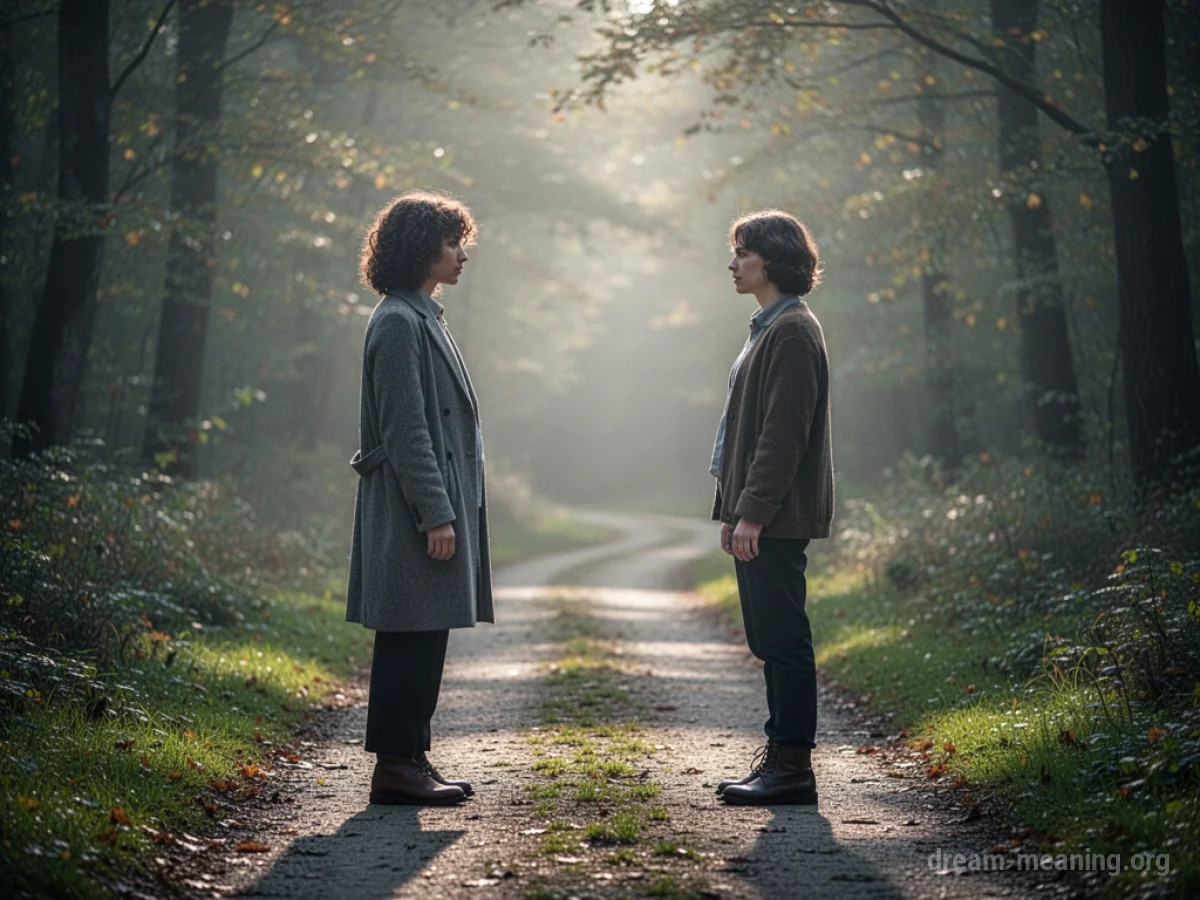 Two silhouetted figures facing each other on a path.