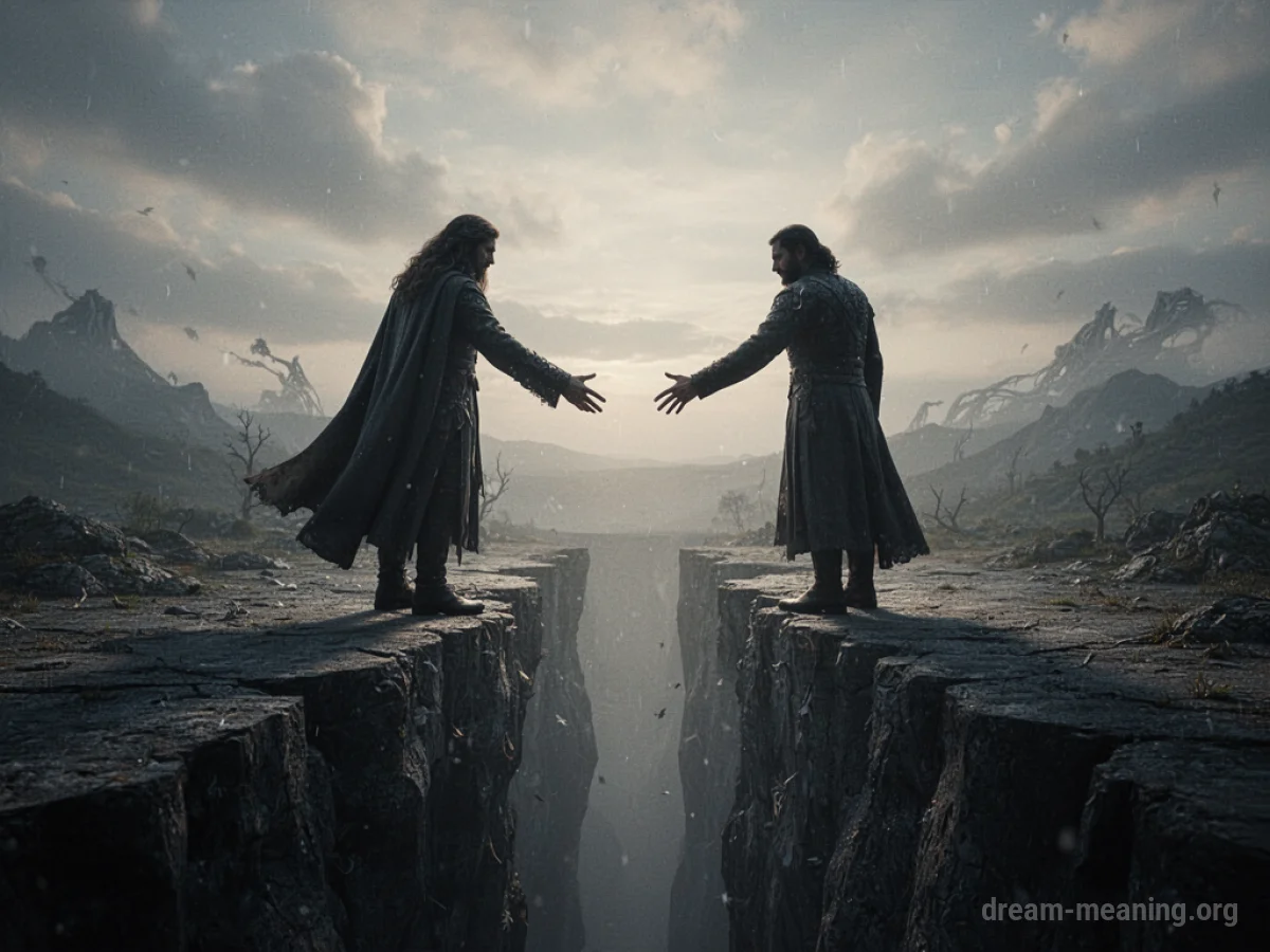 Two silhouetted figures facing each other, separated by a gap.