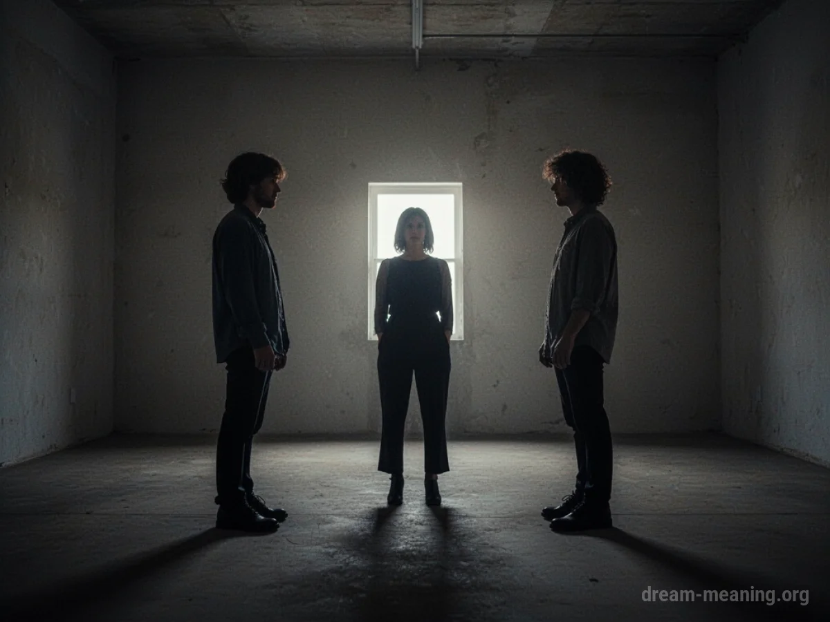 Two silhouetted figures facing each other across an empty room.