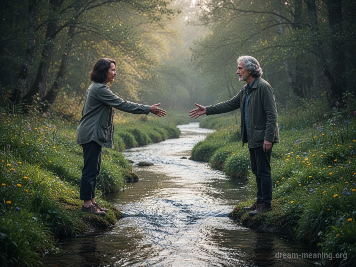 Two adult figures stand across a stream, hands extended towards one another.