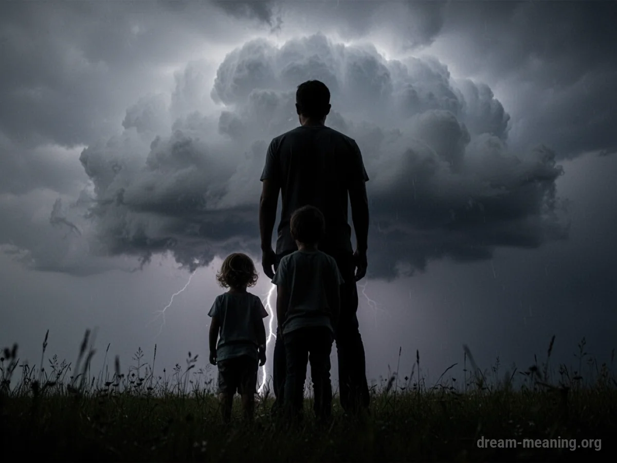 Parent silhouette shielding a child from a distant storm.