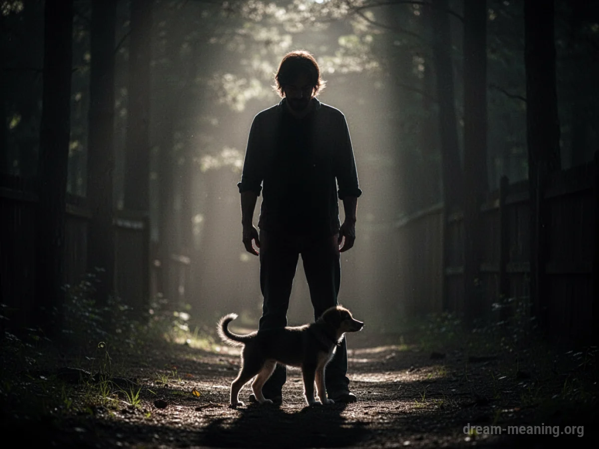 Silhouette of a person and a small animal standing together.