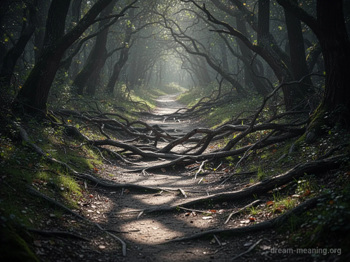A tangled, broken path disappearing into shadows.