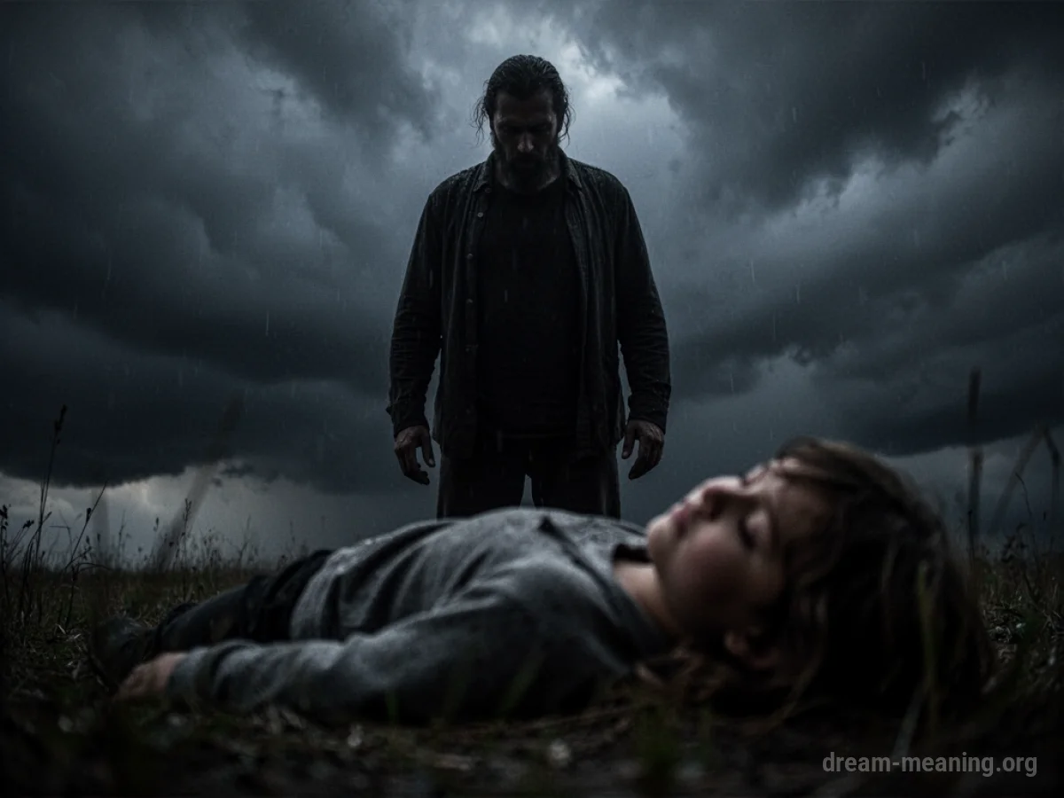Silhouette of one figure looming over another in a dark, stormy atmosphere.