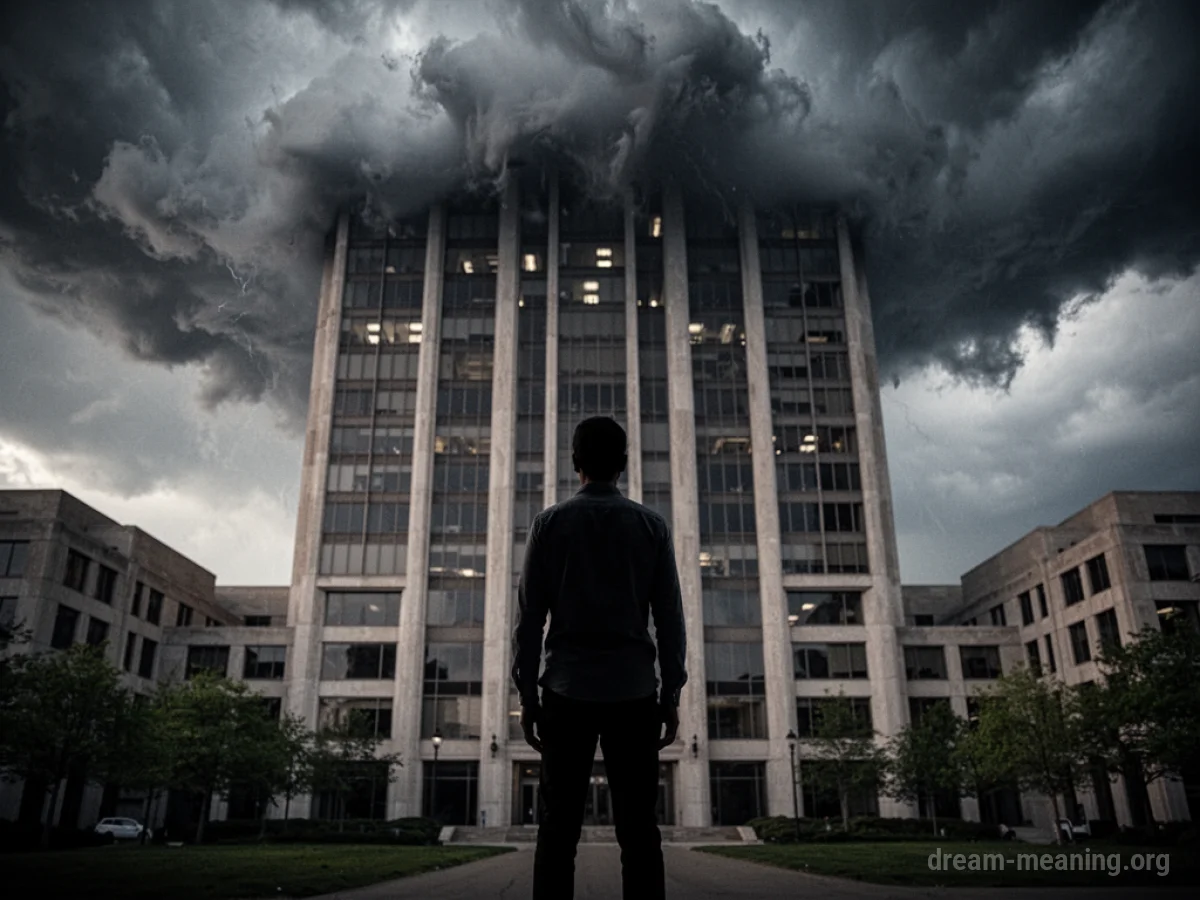 Silhouette of a person facing a large office building under a stormy sky.