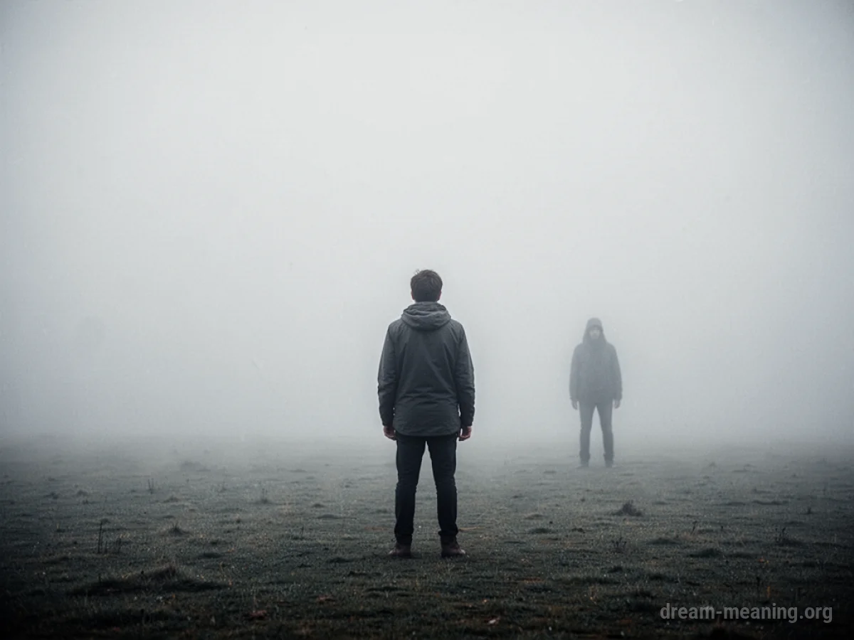 Silhouette of one person facing away from another indistinct figure in a misty landscape.
