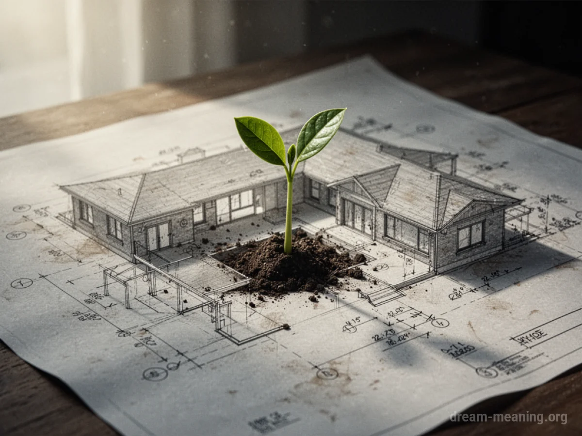 A blueprint with a small green plant growing from it.