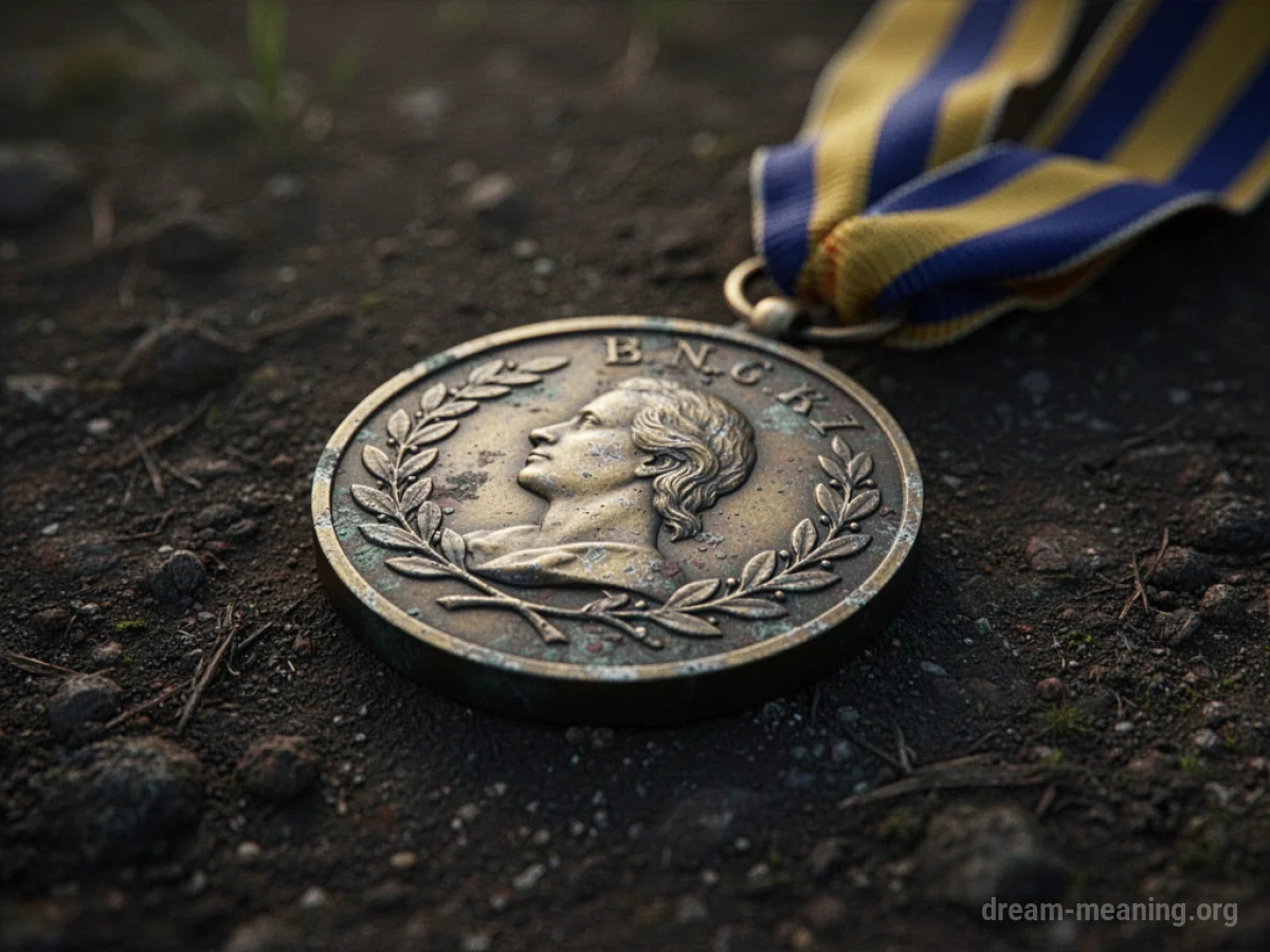A tarnished medal resting on dark soil.