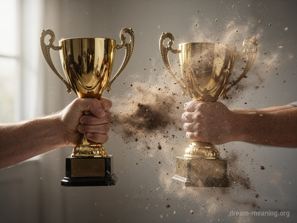 A hand reaching for a dissolving golden trophy.