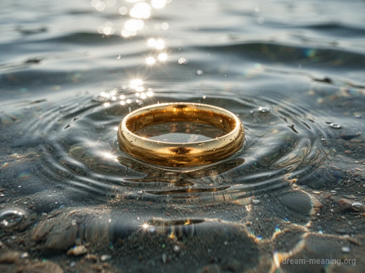 A gold ring resting at the bottom of a body of clear water.