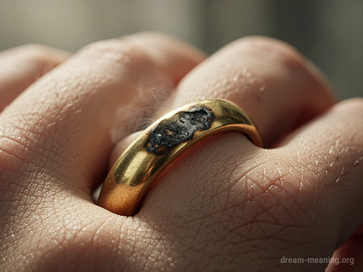 A gold ring with a dark, tarnished section on a person's finger.