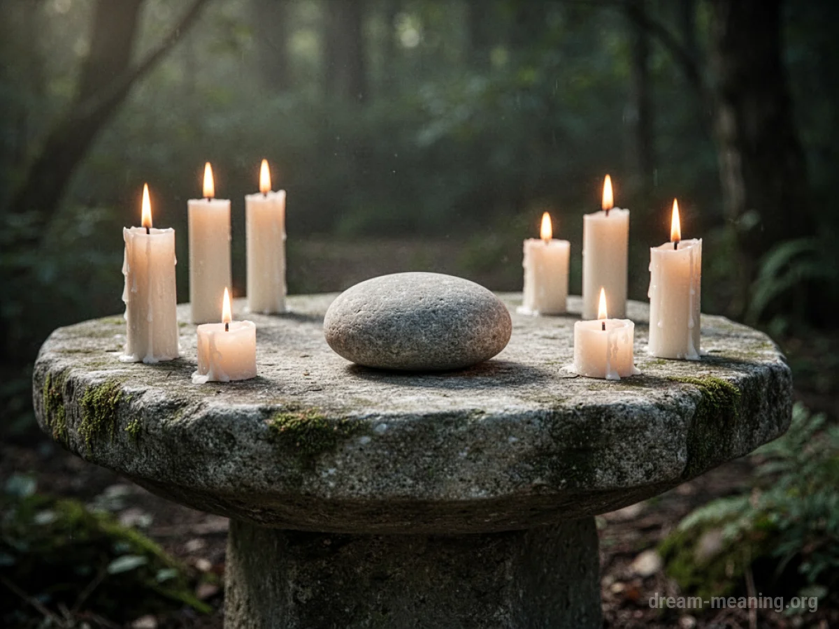 A stone altar with candles and a stone.