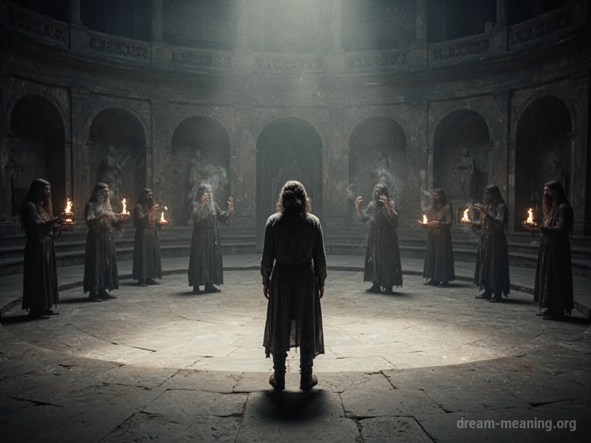 A person looking fearfully at a shadowy ritual taking place in a dark room.
