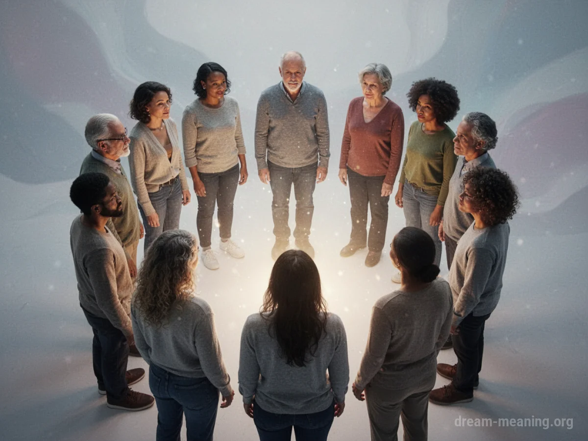 Silhouettes of people in a circle with gentle light in the center.