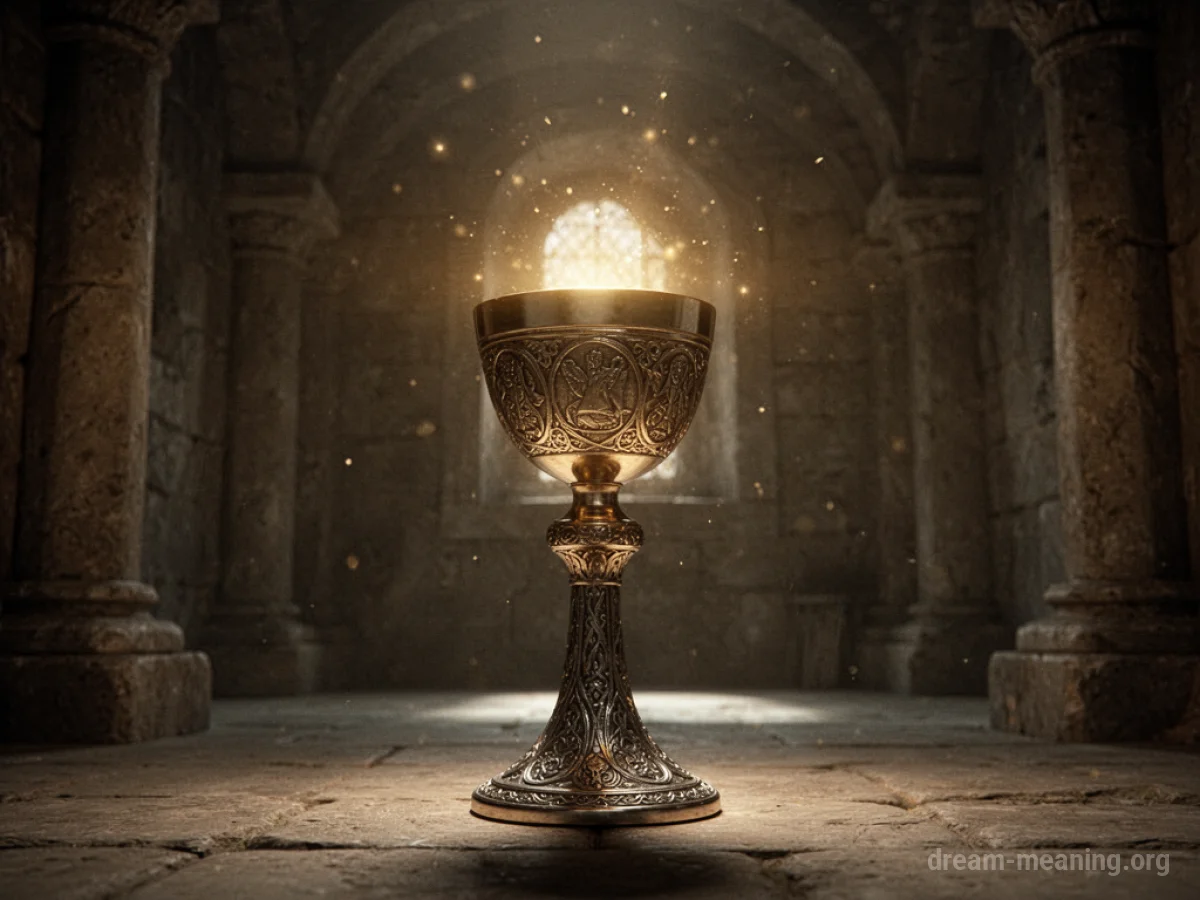 A hand holding a glowing chalice upwards in a dark room.