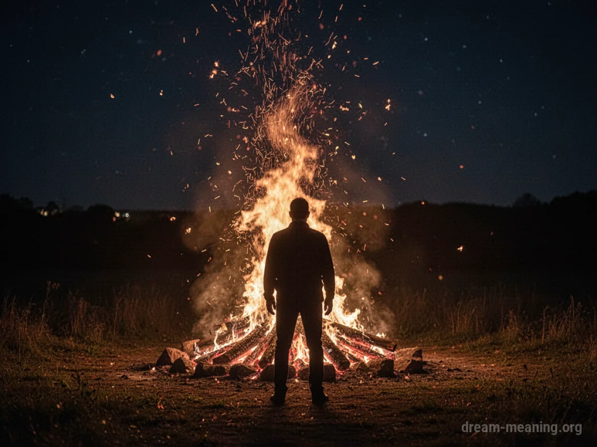 A person observes a contained fire with rising embers against a dark background.