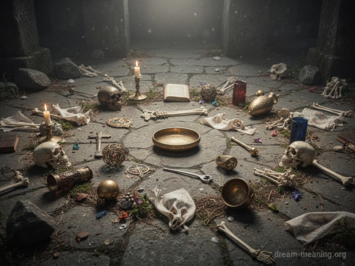 A ceremonial circle with items scattered around it.