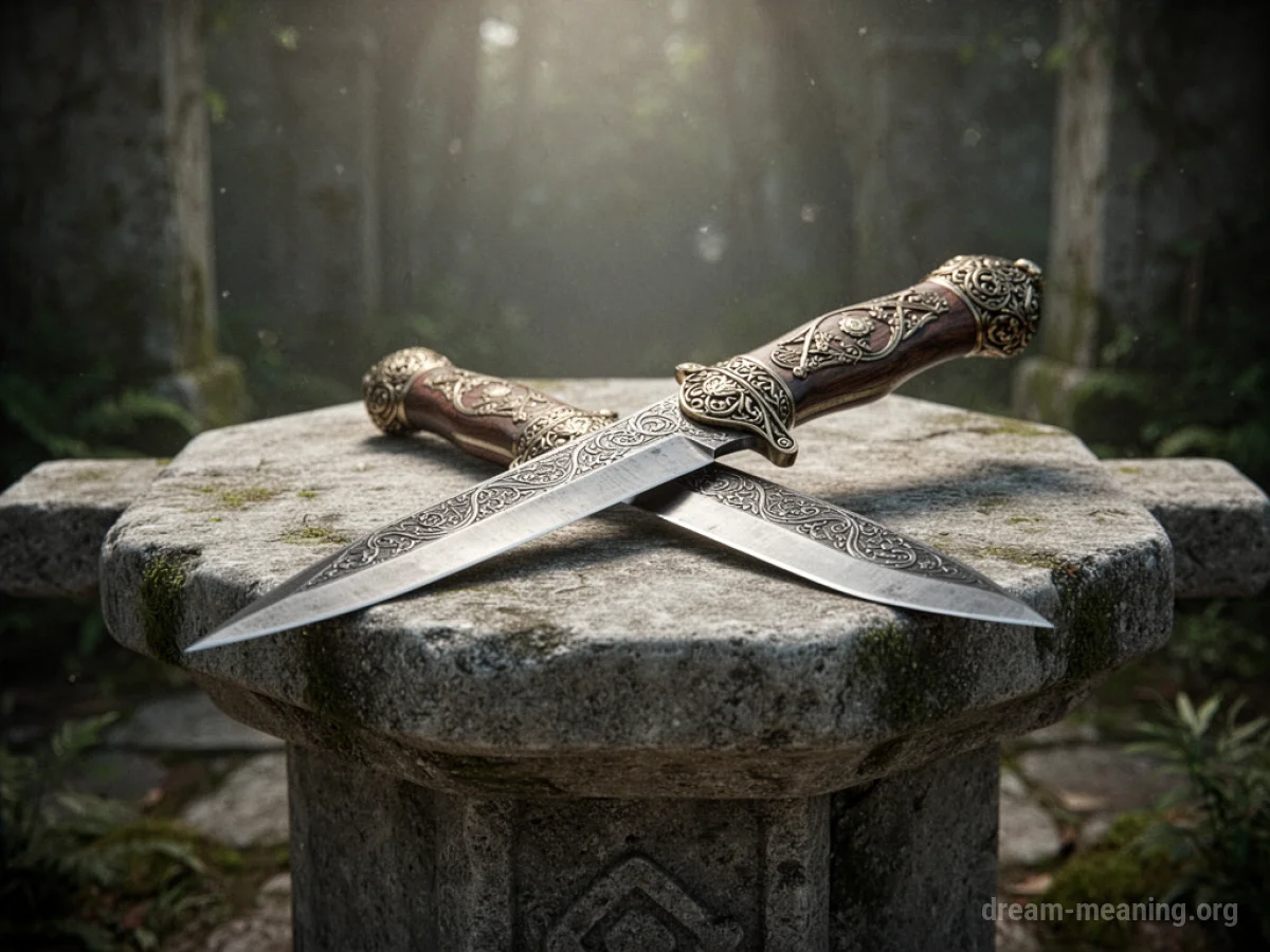An ornate knife placed upon a stone surface.