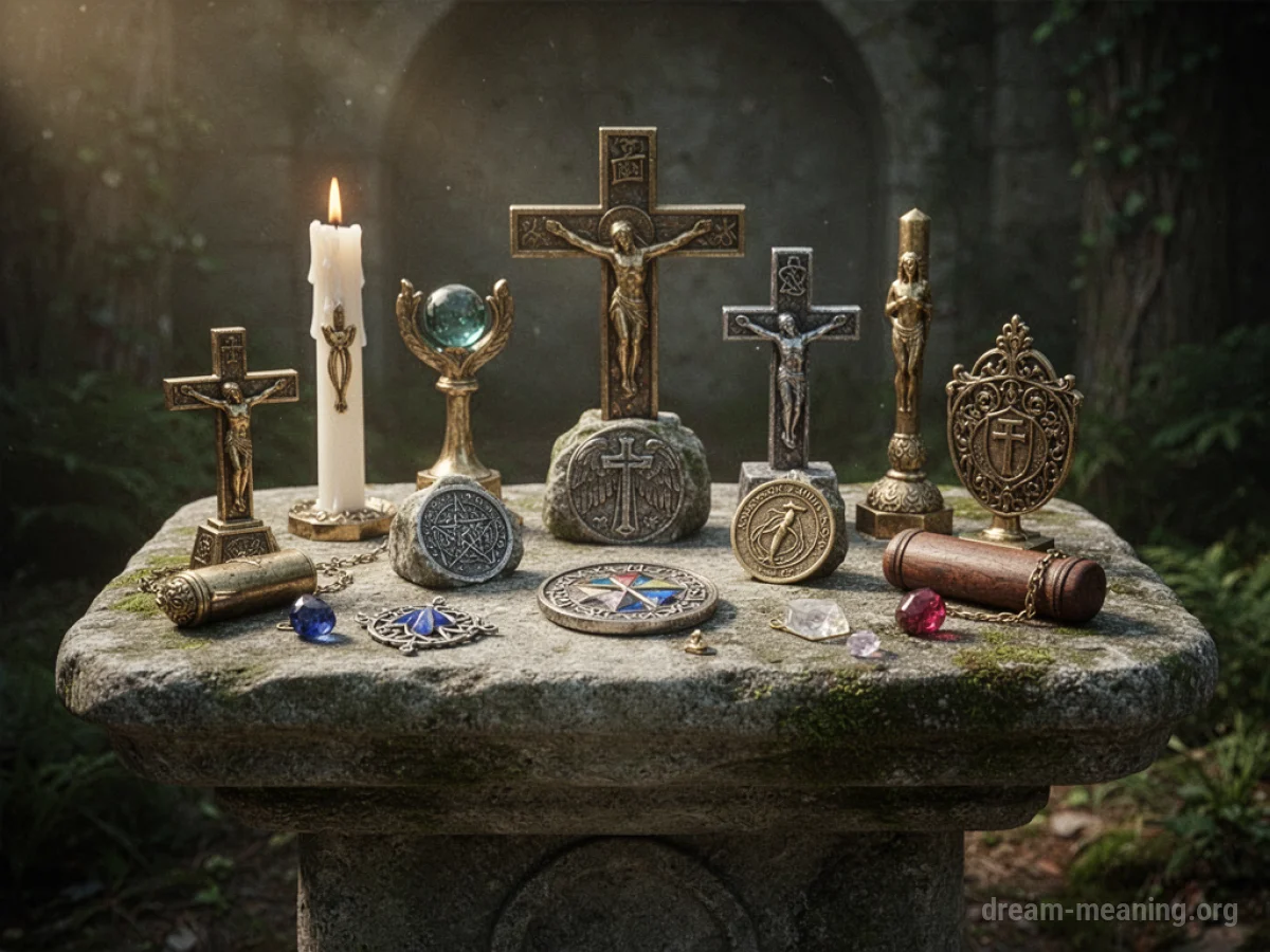 Various objects arranged on a stone surface.