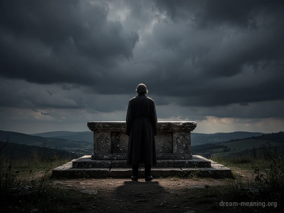 A silhouette of a person standing before a stone altar.