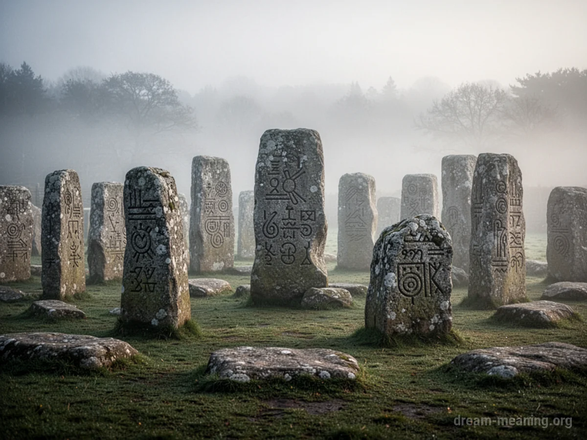 Intricate symbols carved into ancient stones arranged in a circle.