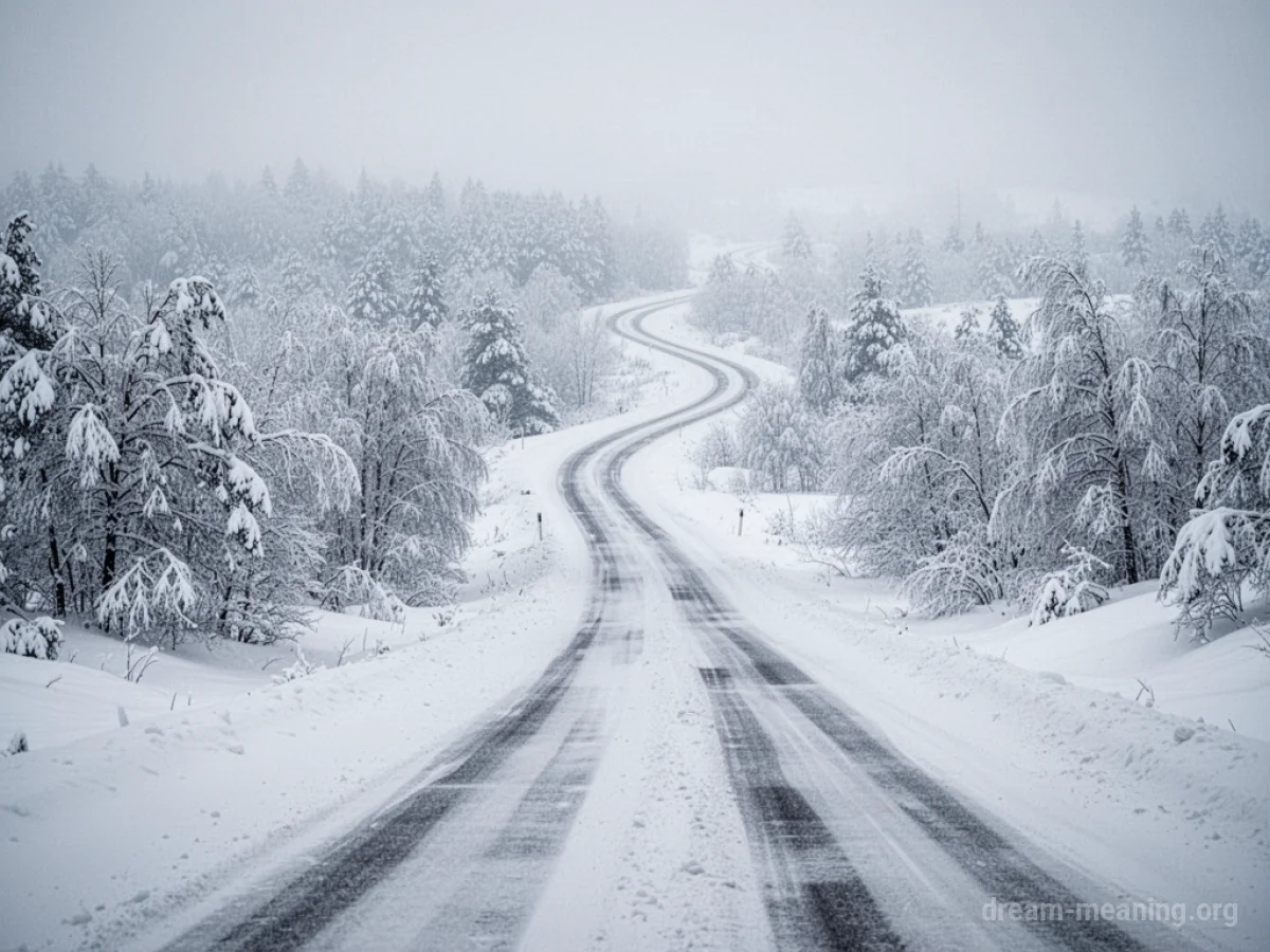 A snow-covered road stretching into a white expanse.