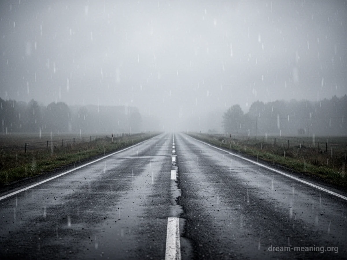 A long, empty road covered in rain, disappearing into a hazy horizon.