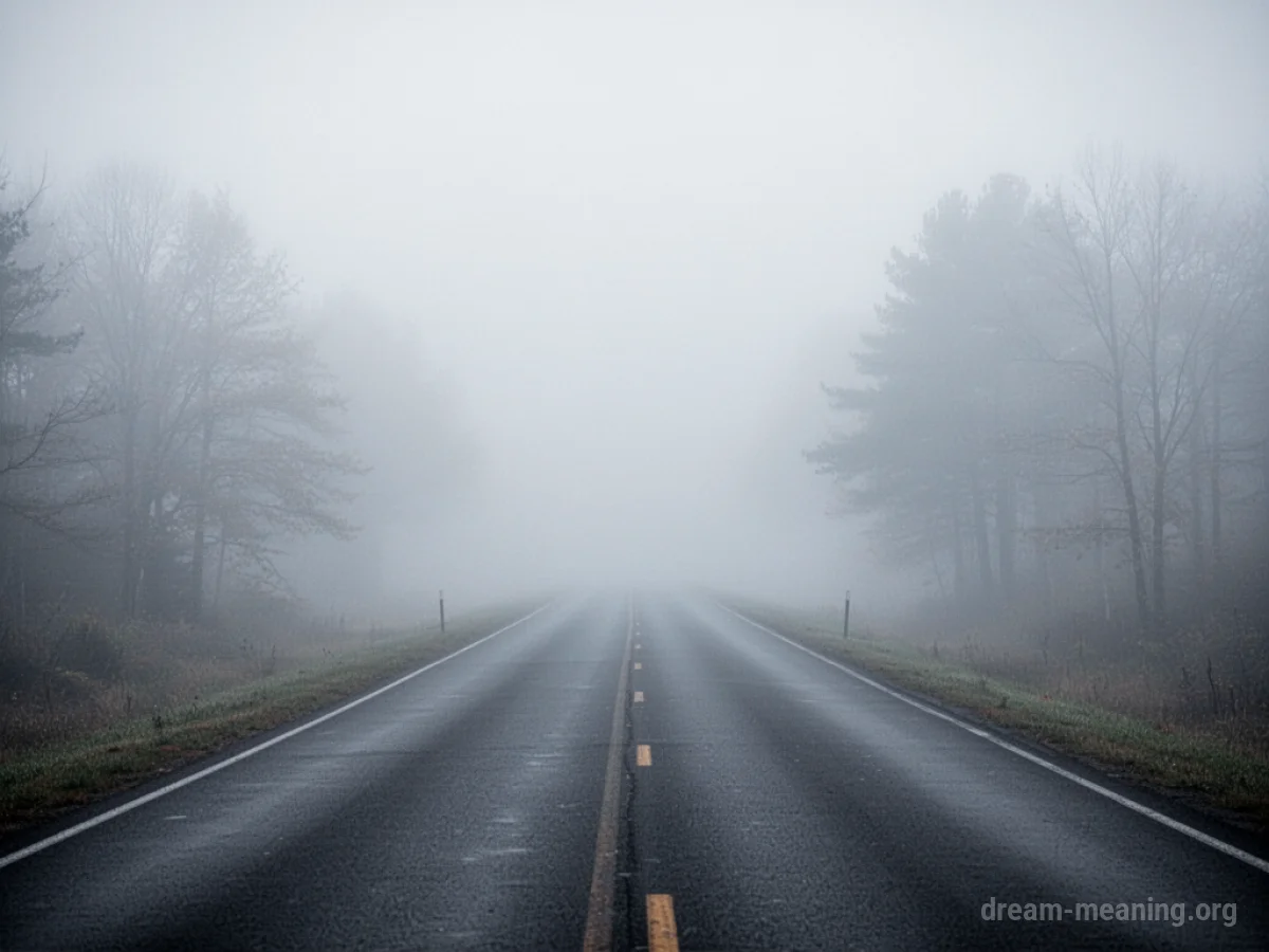A road vanishing into thick fog.