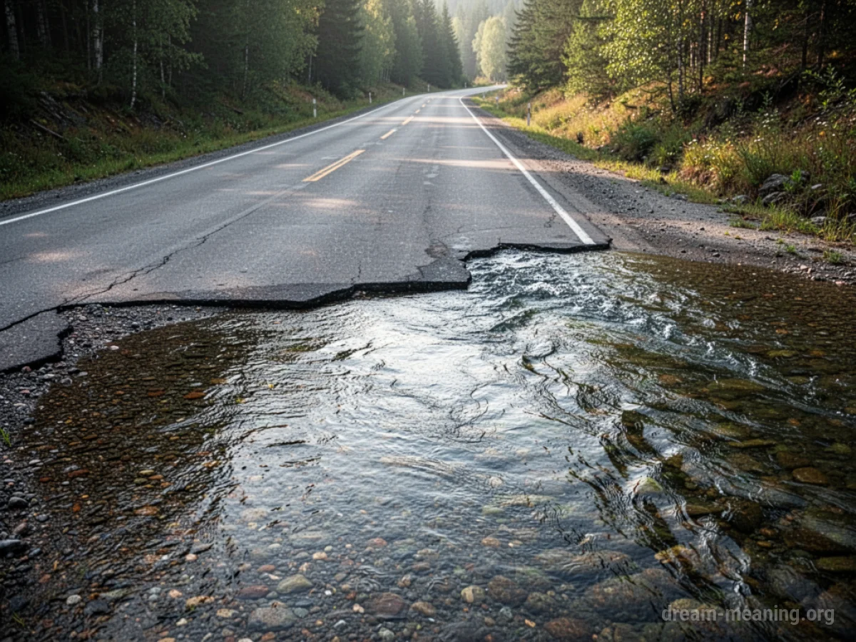 A road visually merges into a flowing river.