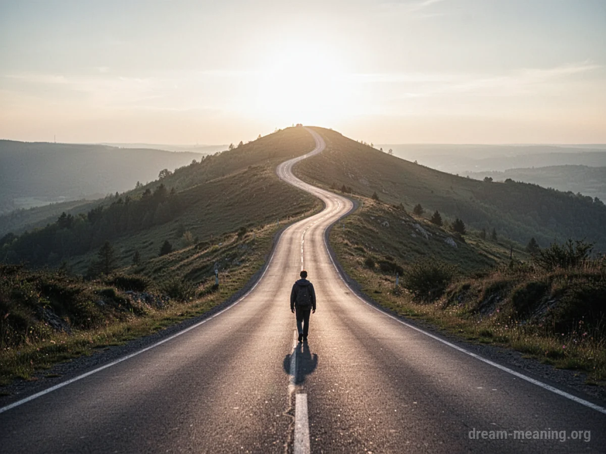 A person walking up a winding road towards a bright horizon.