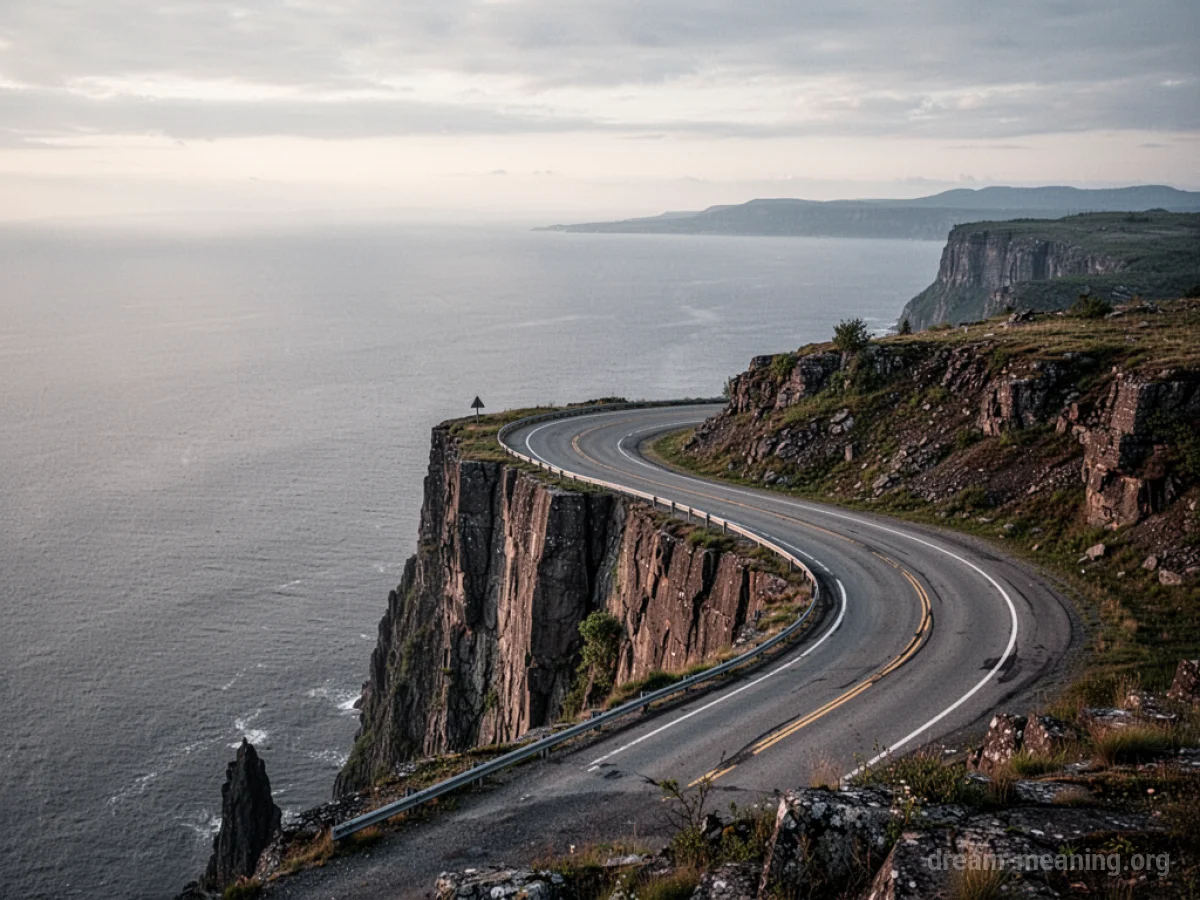 A paved road stops suddenly at the edge of a high cliff.