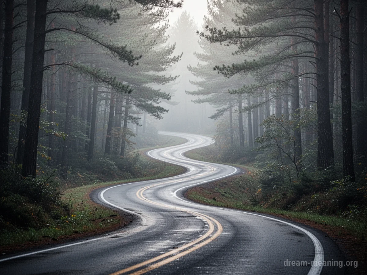 A road that twists and turns, disappearing into a foggy landscape.