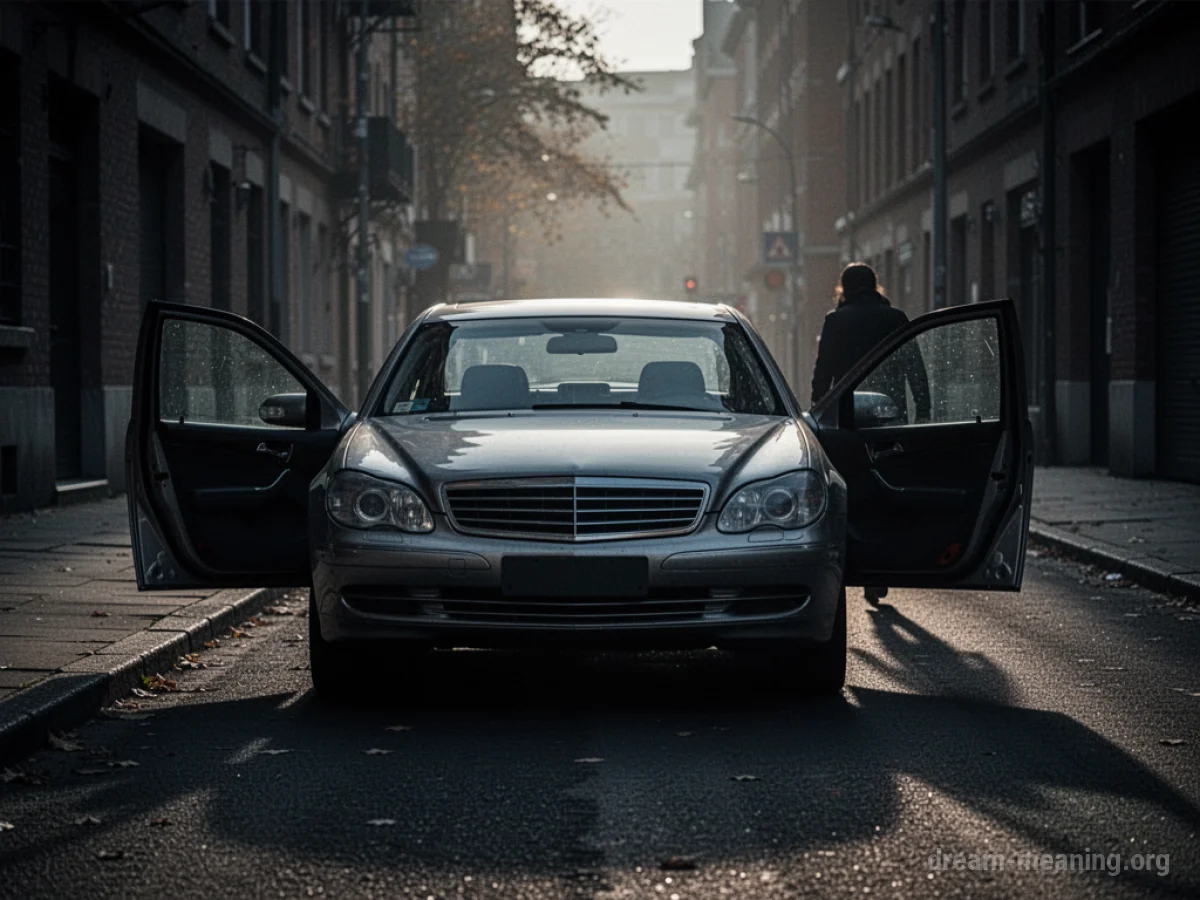 An empty car with open doors on a dark street.