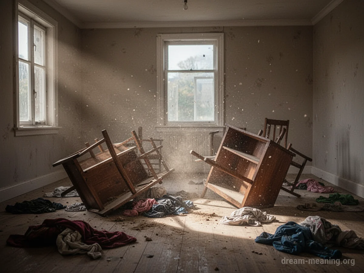 An empty room with overturned furniture and scattered papers.