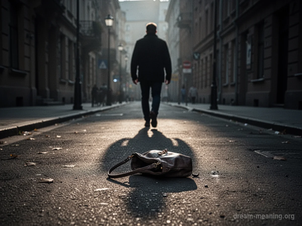 A dark street with a dropped purse and long shadows.