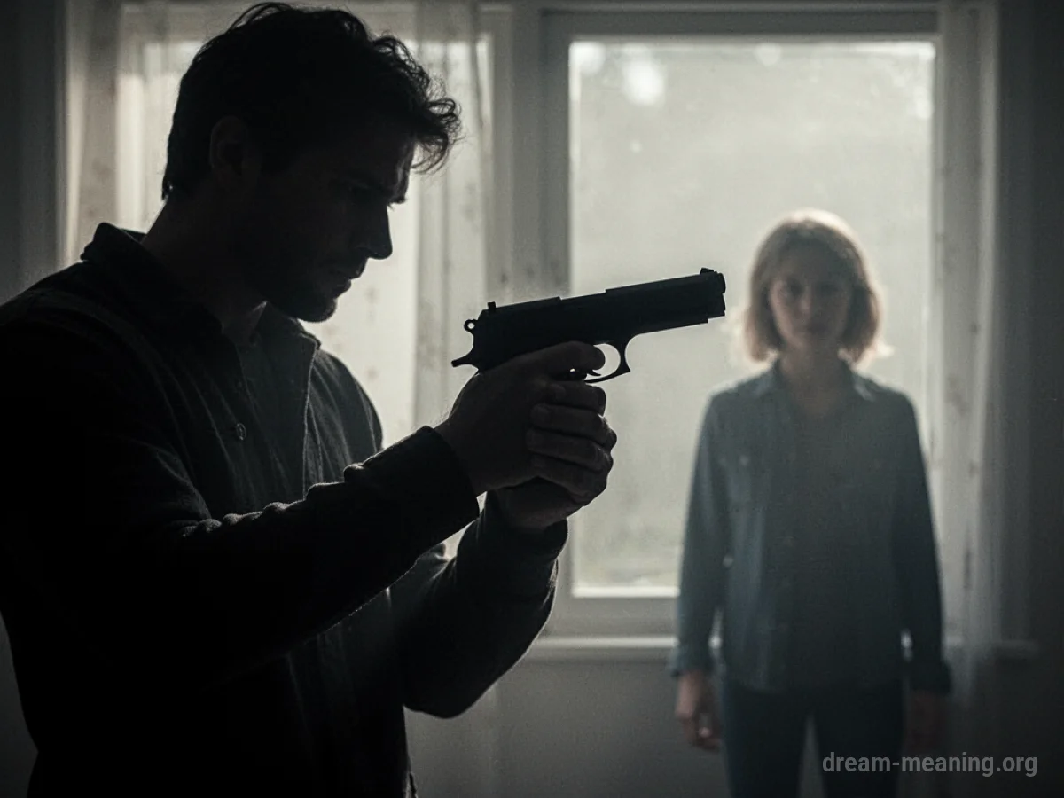 Silhouette of a person holding a gun pointed towards a distant, blurred figure.