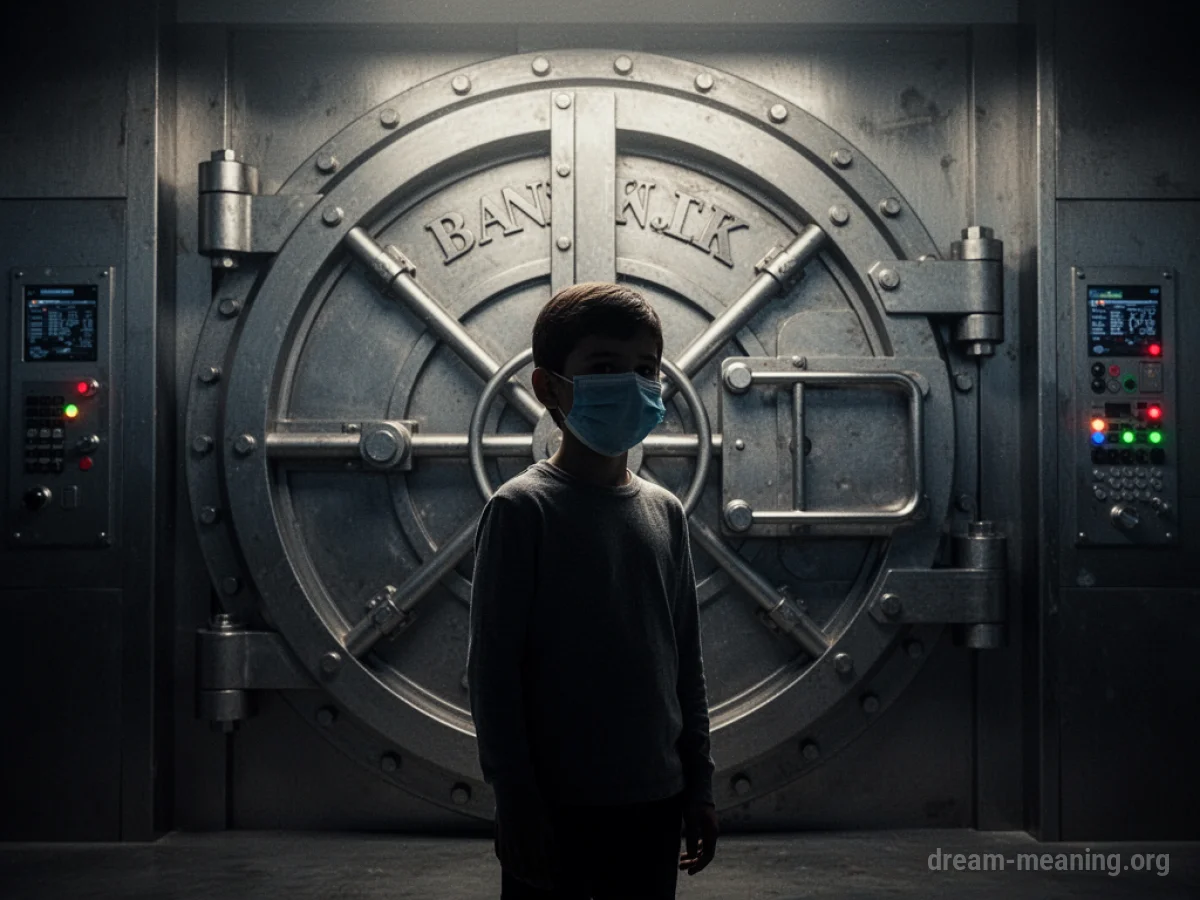 Silhouette of a person in a mask before a bank vault.
