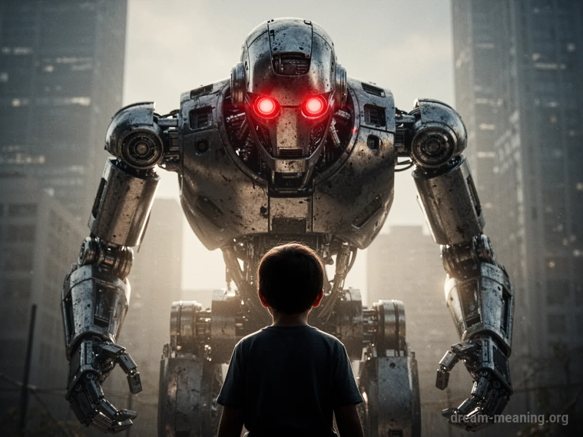 A large robot stands over a small human silhouette.