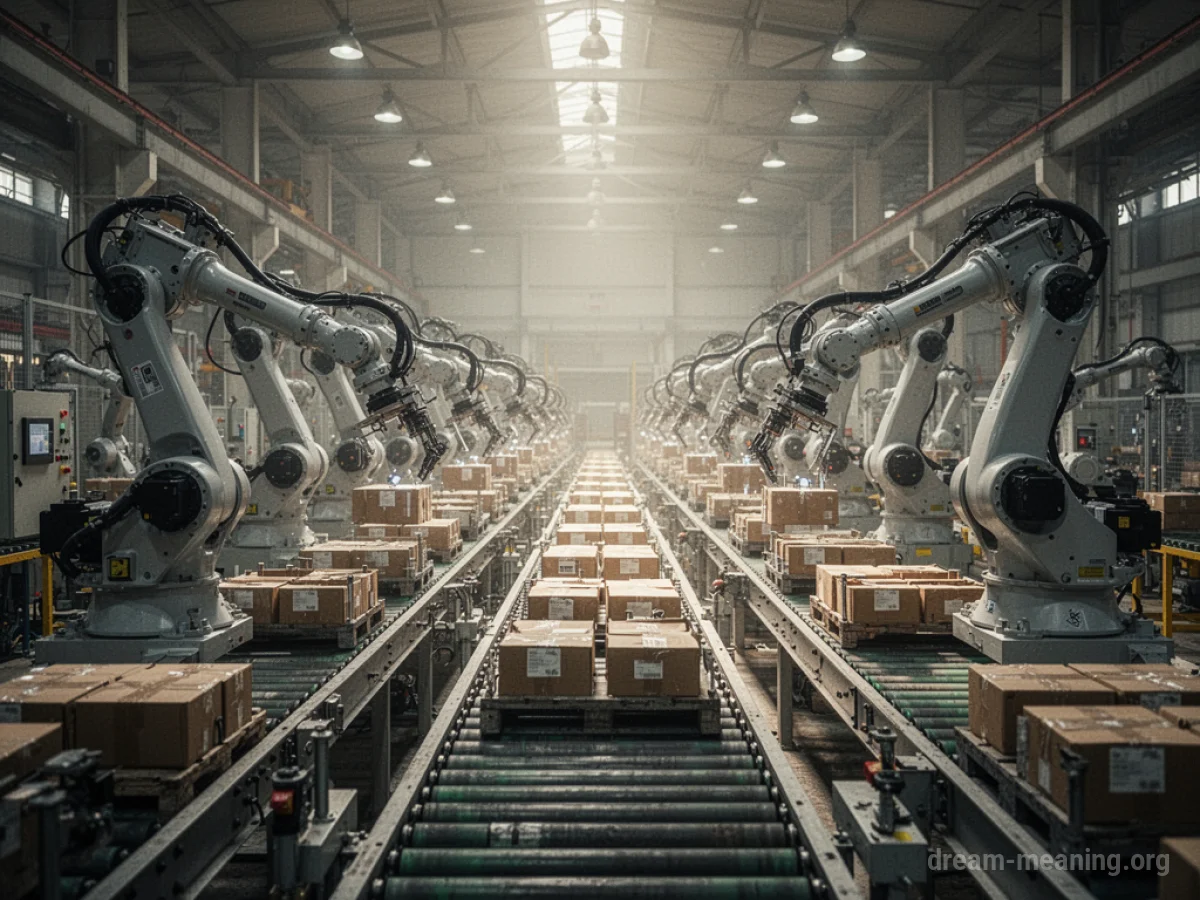 Interior of a large factory with numerous robotic arms working on assembly lines.