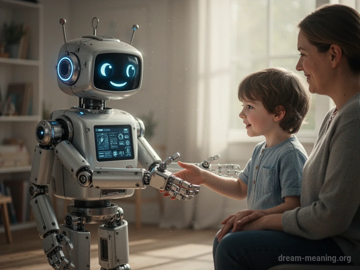 A friendly robot extends its hand towards a person.