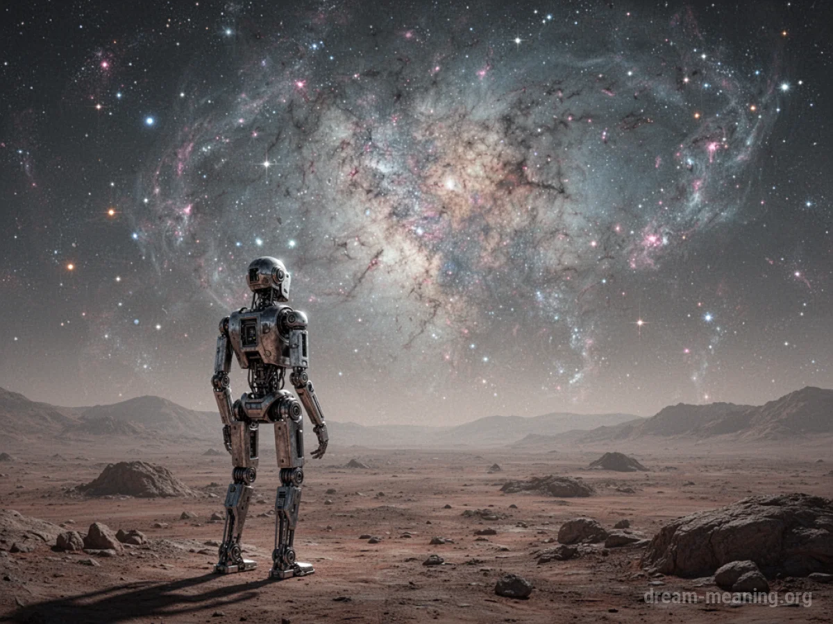A metallic robot stands on a barren planet looking at a nebula.