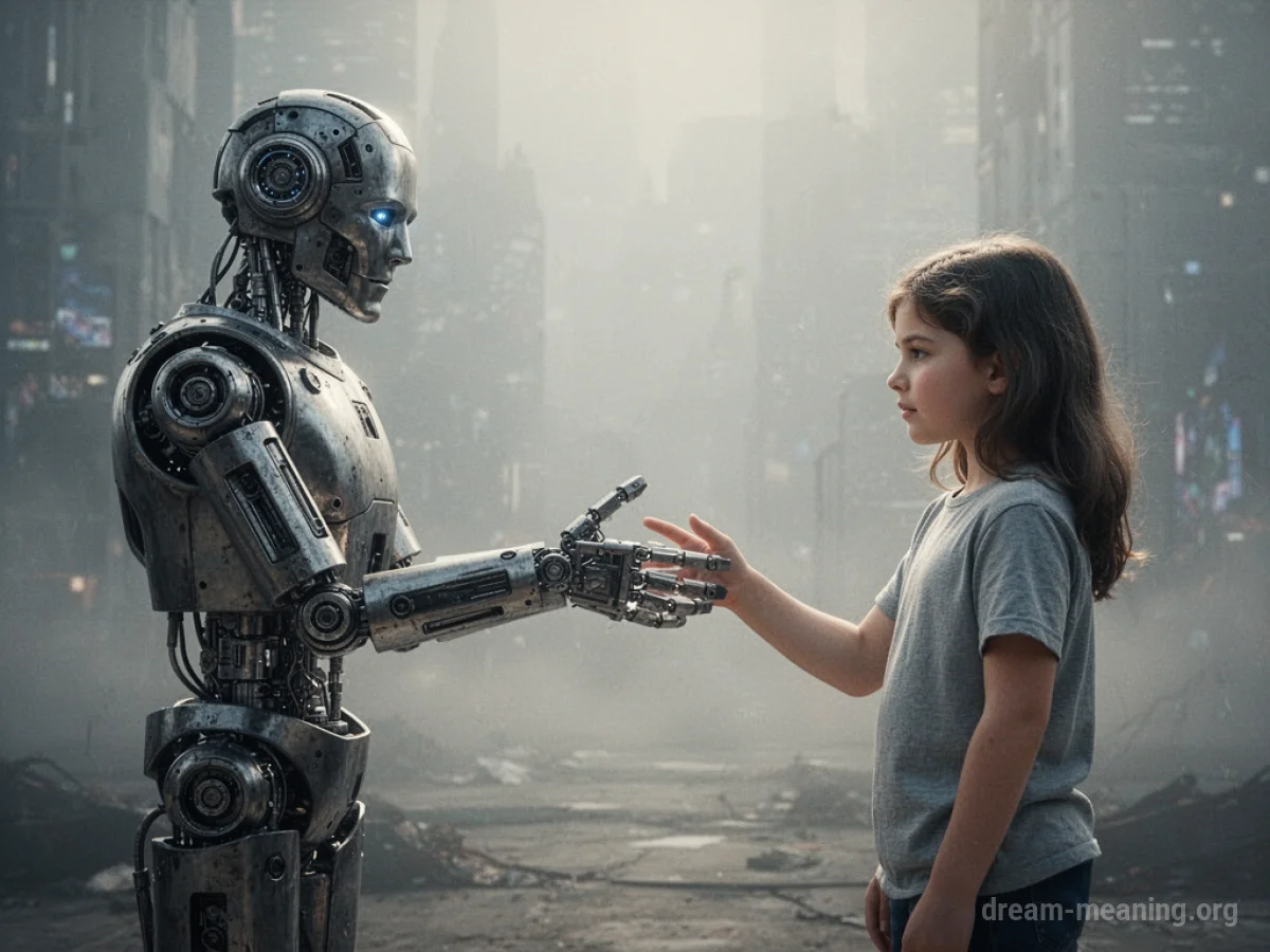 A robot's metallic hand reaches out to a person.