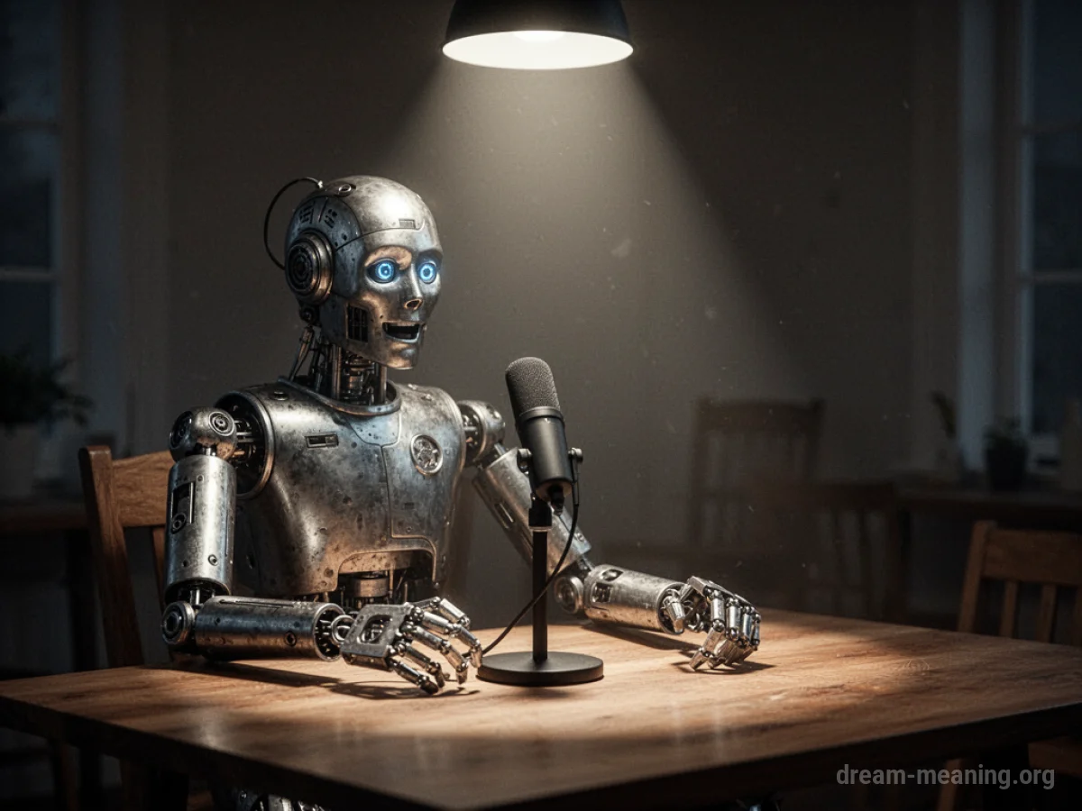 A robot speaking into a microphone at a table.