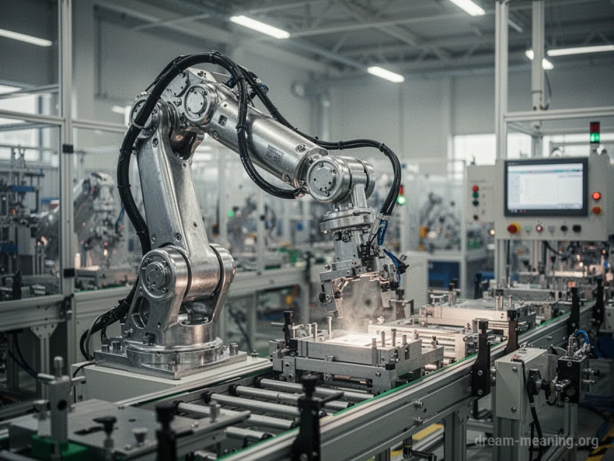 A metallic robot arm working on an assembly line.