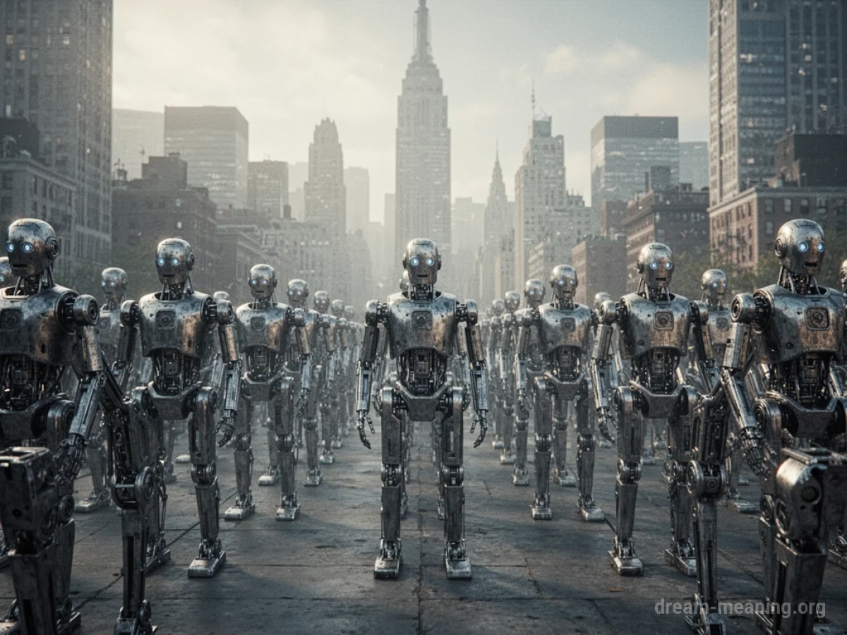 A vast number of identical robots standing in formation before a city.